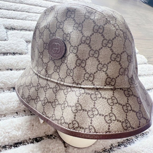 NEW Gucci Apple Supreme Logo Fedora Basket Hat Coated Canvas Beige Ebony Size S - Picture 6 of 14